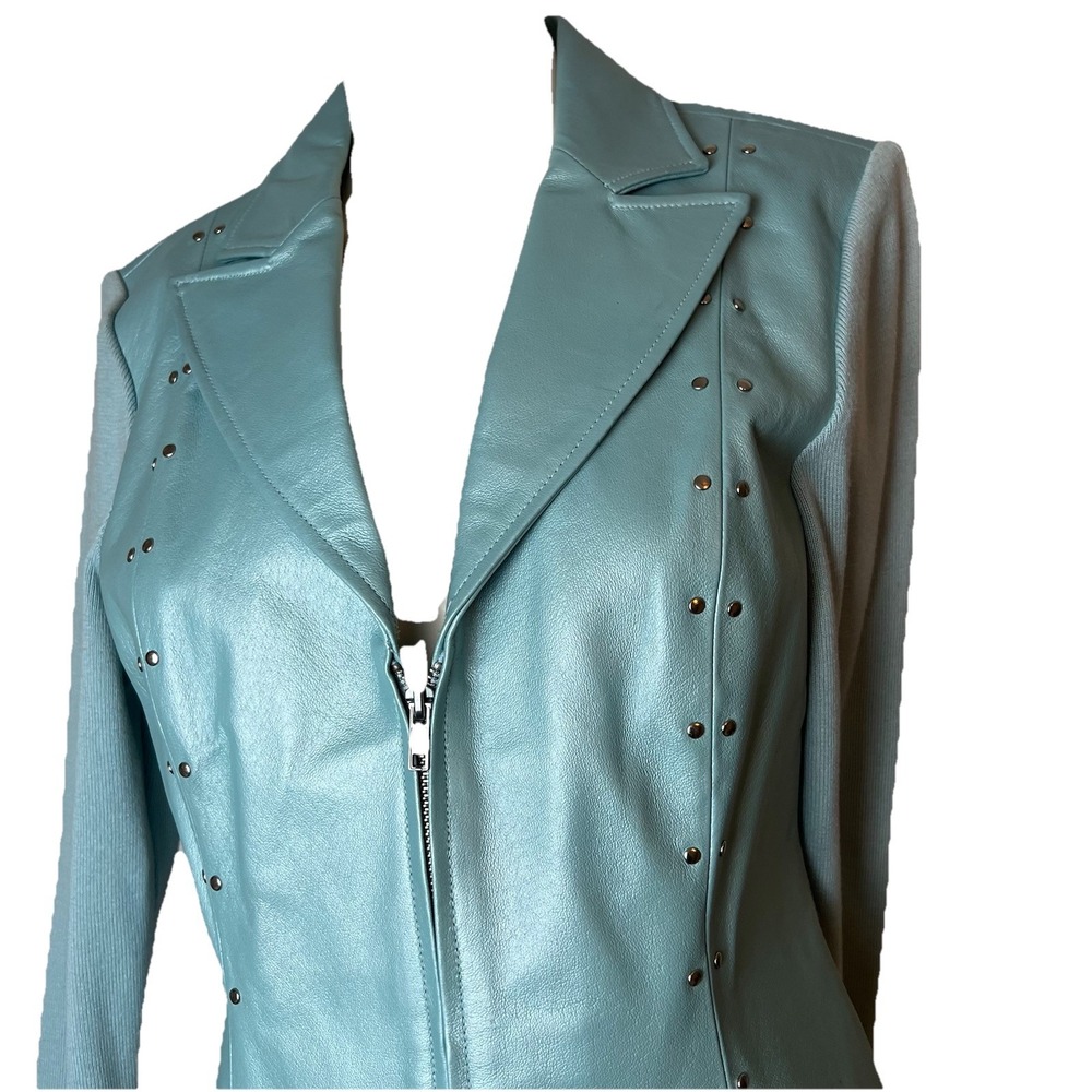 Nygard Collection Shimmery  Light Blue Leather & Knit Jacket Size Small 6-8